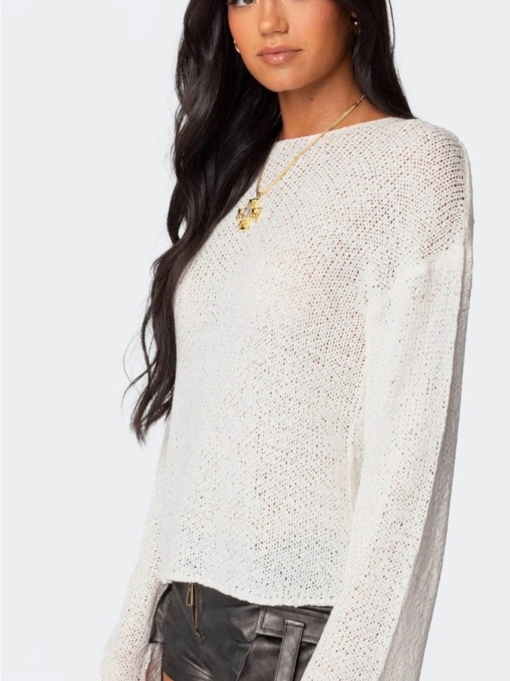 Edikted Cream Open-Knit Scoop Neck Sweater